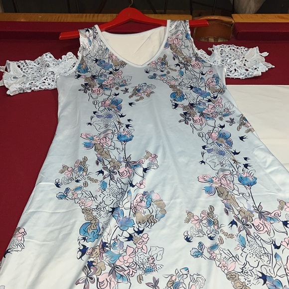 BLUE Japanese pink plants COLD open SHOULDER V neck coquette MAXI DRESS Asian M - Picture 14 of 16